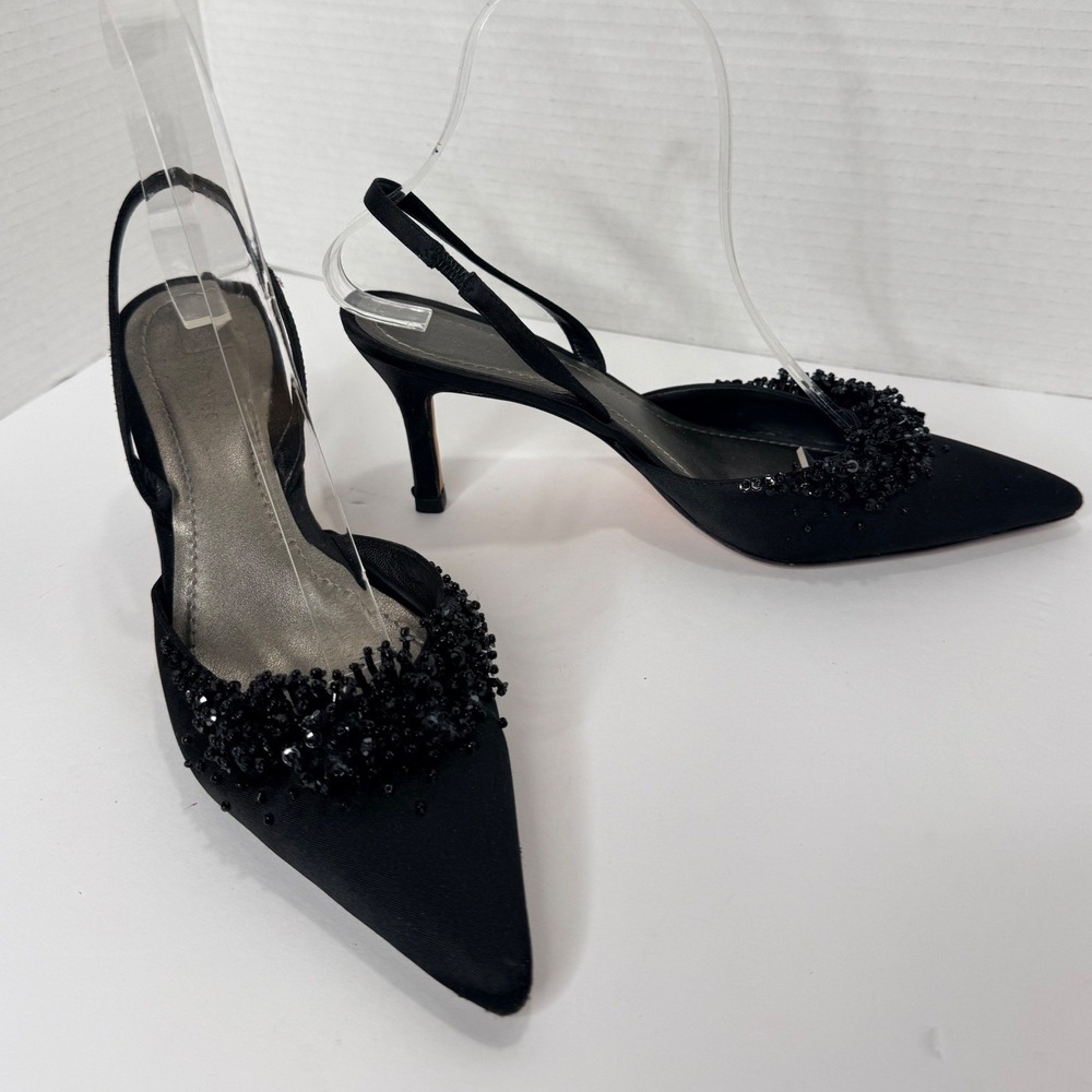Slingback 6M Black Beaded Satin Pointed Toe Kitten Heel Whimsigoth Y2K Formal - Picture 2 of 11